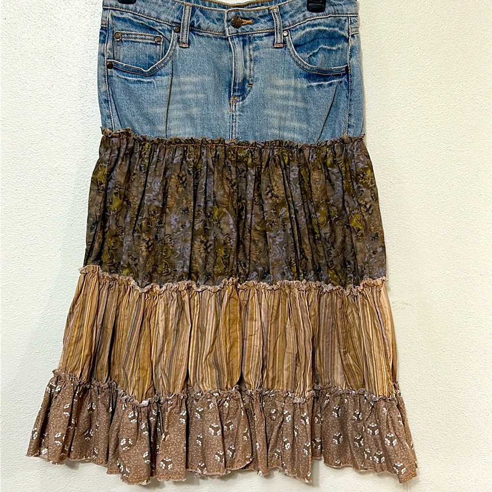 Mudd Jeans Boho Tiered Denim and Floral Cotton Ruffle Skirt